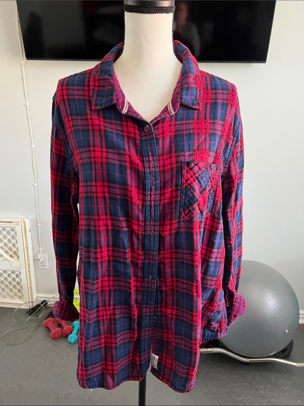 Red and Navy Plaid Button-Up Shirt
